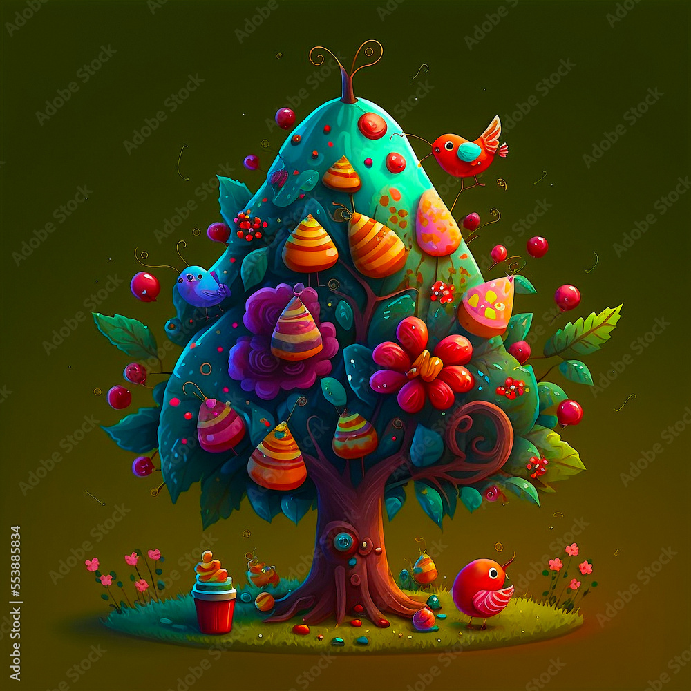 christmas tree with birds, trees, flowers, stars, childrens illustration style, generative ai, generative, ai