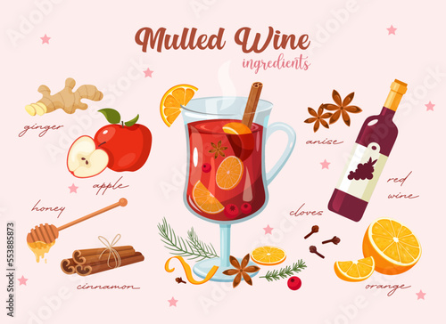 Recipe of mulled wine. Winter seasonal hot drinks 