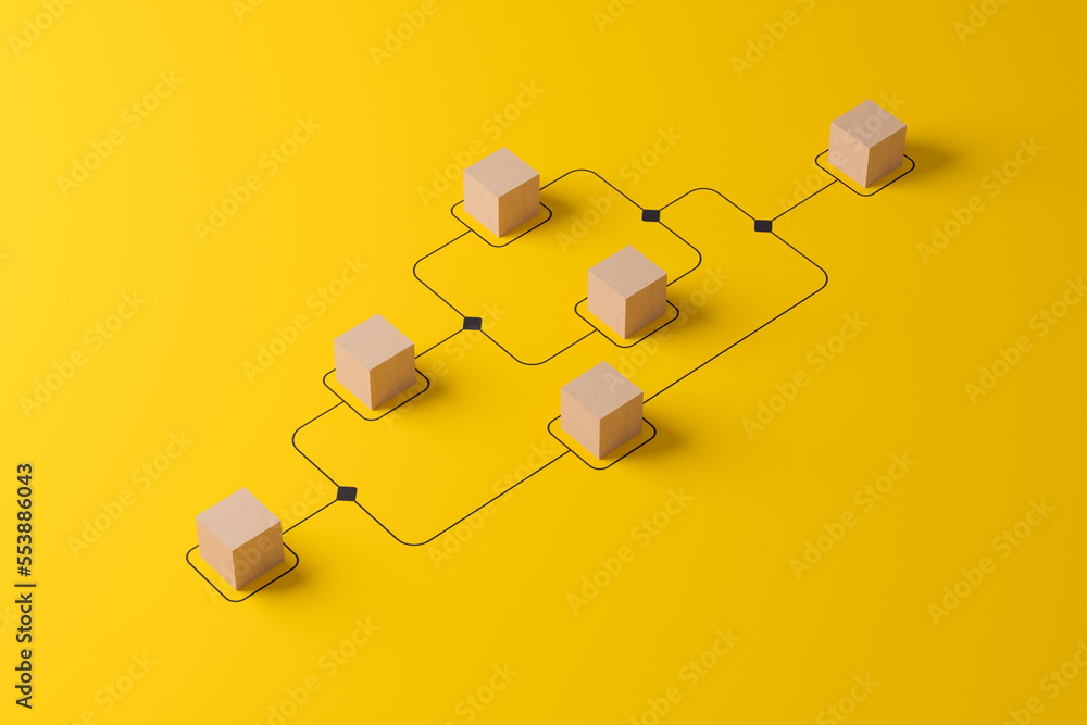 Business process and workflow automation with flowchart. Wooden cube block arranging processing management on yellow background. 3d render illustration - obrazy, fototapety, plakaty 