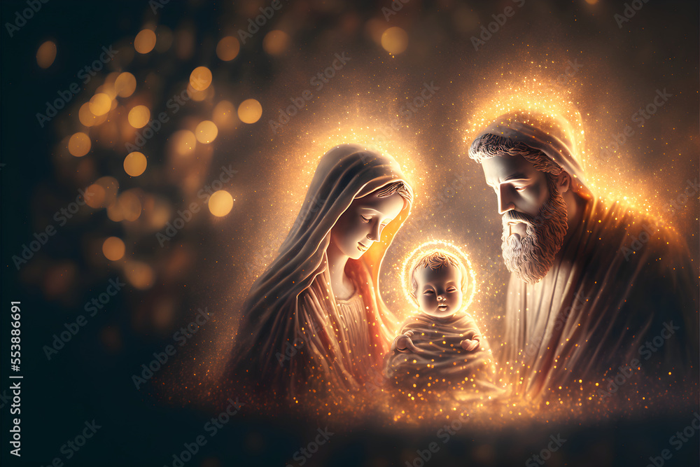 The Birth of Jesus Christ, Religious Scene of the Holy Family, with baby  Jesus, Mary and Joseph, full of light. Stock Illustration | Adobe Stock