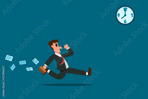 Businessman run to work until falling papers from briefcase. Business Concept. Vector illustration
