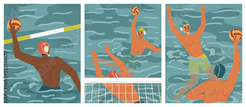 Water polo players in action vector posters set. Swimming and water sports concept. Water polo team play game in tournament