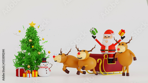Santa clause snowman and Christmas tree gifts box  Happy New year and Merry Christmas greeting card  3D rendering.
