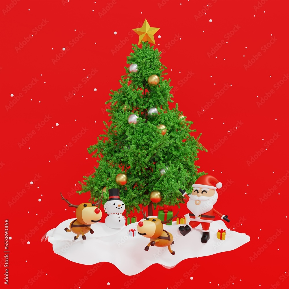 Santa clause snowman and Christmas tree gifts box, Happy New year and Merry Christmas greeting card, 3D rendering. Santa clause snowman and Christmas tree gifts box, Happy New year and Merry Christmas greeting card, 3D rendering.