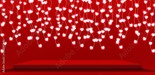 Red square base decor with heart light bulb glowing. Pedestal scene with for product, advertising, show, on Red background. Valentine's day background. Abstract studio background. Vector illustration.