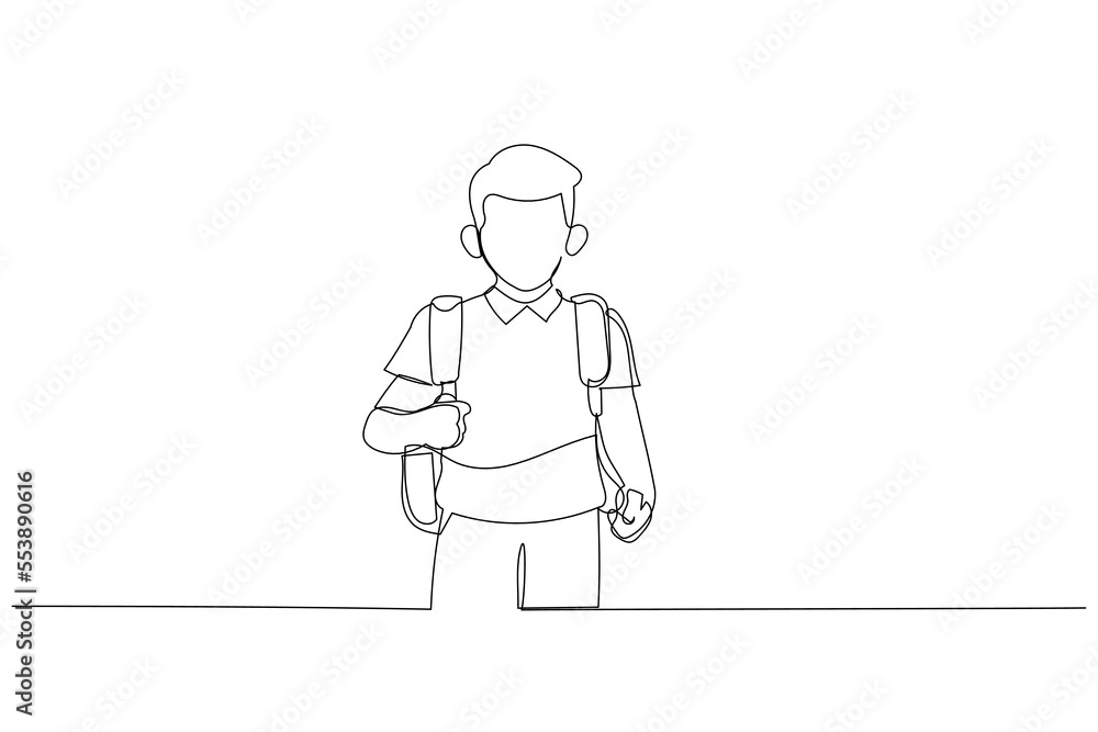 Illustration of boy going to school for the first time. Child with school bag and book. Single line art style Illustration of boy going to school for the first time. Child with school bag and book. Single line art style
