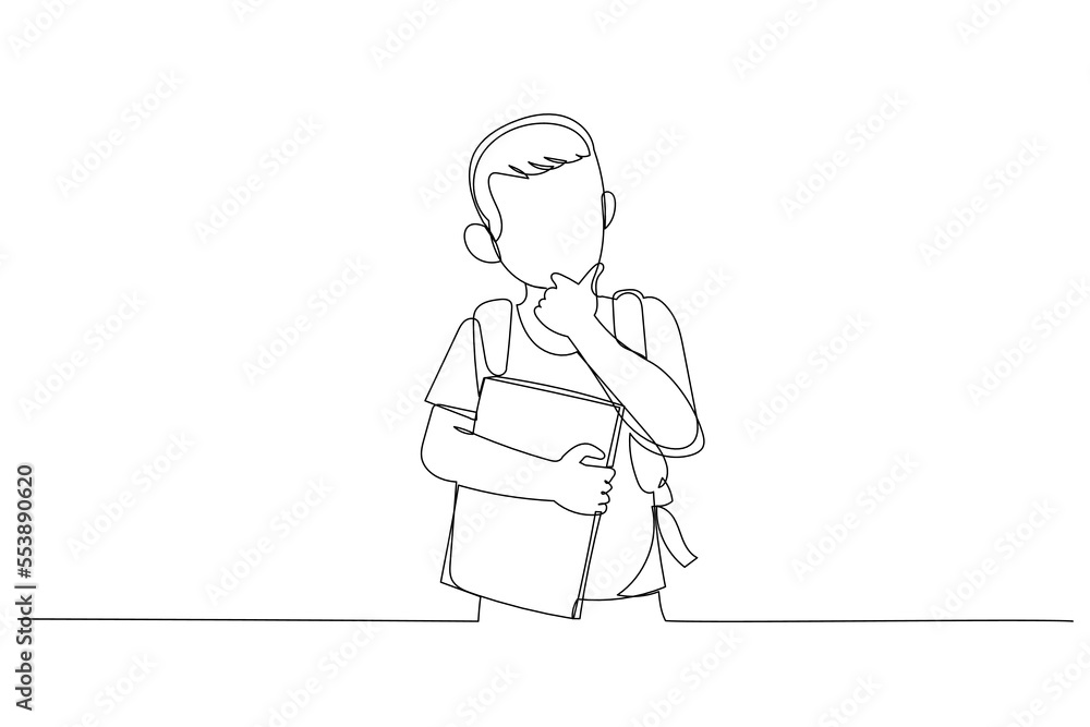 Drawing of student kid wearing backpack holding book. Single continuous line art style