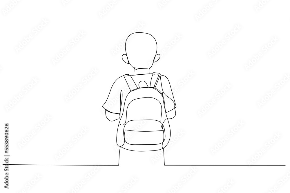 Illustration of back view schoolboy with full backpack go to school. Single line art style