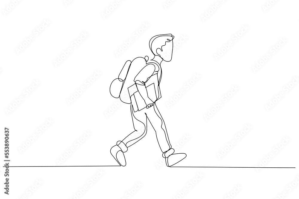 Illustration of schoolboy in a uniform running and holding a book. Single continuous line art style Illustration of schoolboy in a uniform running and holding a book. Single continuous line art style