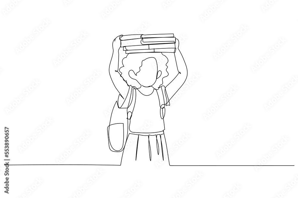 Cartoon of child school girl hold books on her head. One line style art