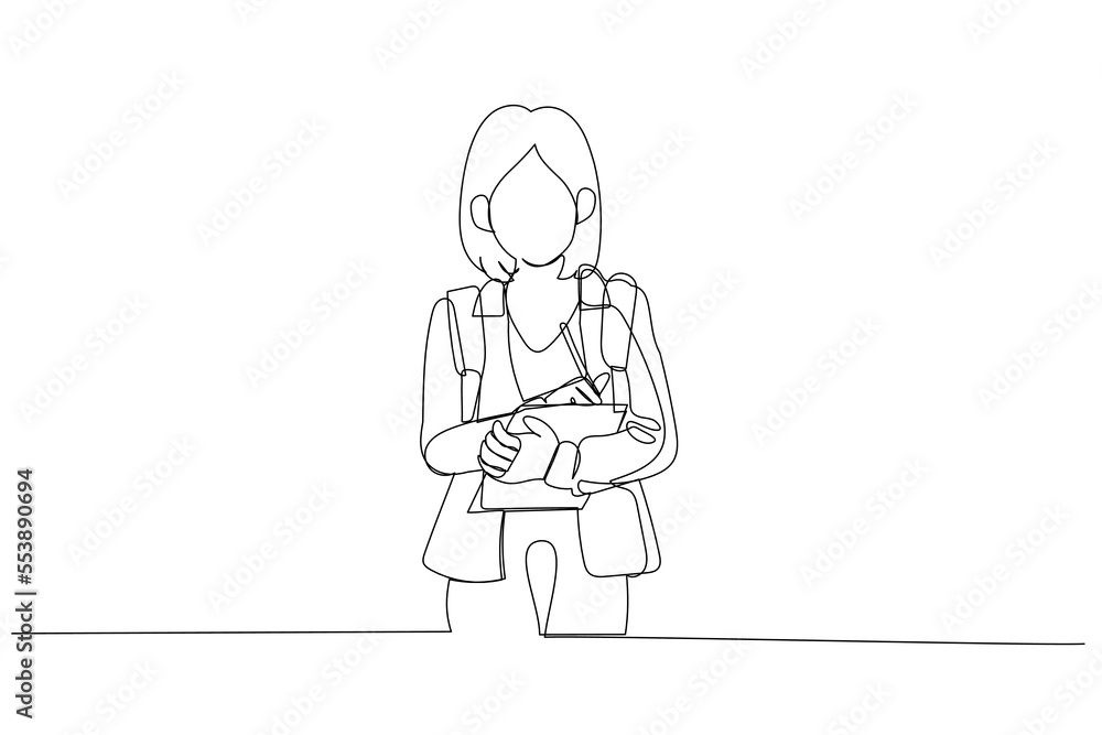Cartoon of little schoolgirl with backpack holding notebook. One line art style