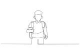 Illustration of boy going to school for the first time. Child with school bag and book. Single line art style