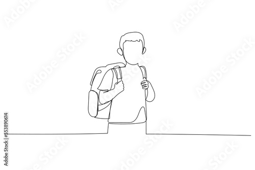 Cartoon of little kid with his book bag. One continuous line art style