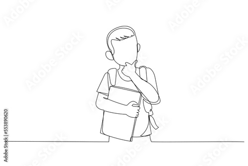Drawing of student kid wearing backpack holding book. Single continuous line art style