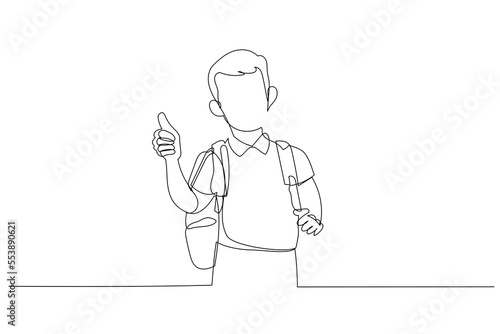 Cartoon of boy with thumb up is going to school wear bag and holding books. One line art style