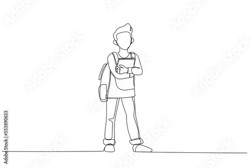 Cartoon of young boy standing and holding books. One line art style