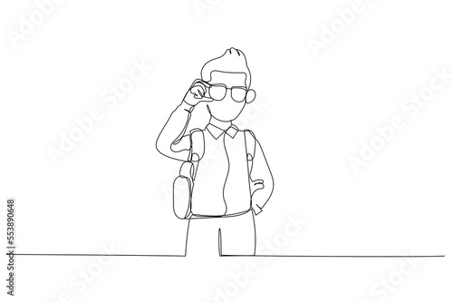 Drawing of boy with book and bag go back to school. Continuous line art