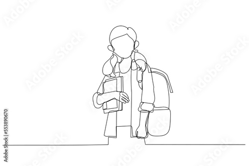 Drawing of kid with backpack hold books in school. Continuous line art style