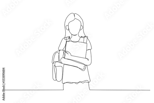 Drawing of school girl child with school bag and books. Single continuous line art style © rina