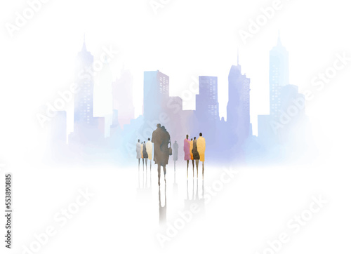 Color spot with watercolors in the form of a group of people and city view. Vector watercolor hand painted silhouette of man, woman and city design for print, cover, wallpaper, Minimal wall art.