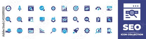 Seo icon collection. Bold icon. Duotone color. Vector illustration. Containing pie chart, rocket, seo, search chart, internet, growth, target, link, speedometer, magnifying glass, search, and more.