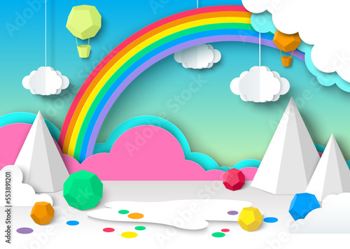 Kids paper cut background with cloud and rainbow