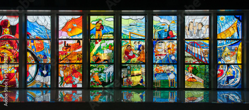 Fotografie Stained glass window depicting Japanese railway evolution