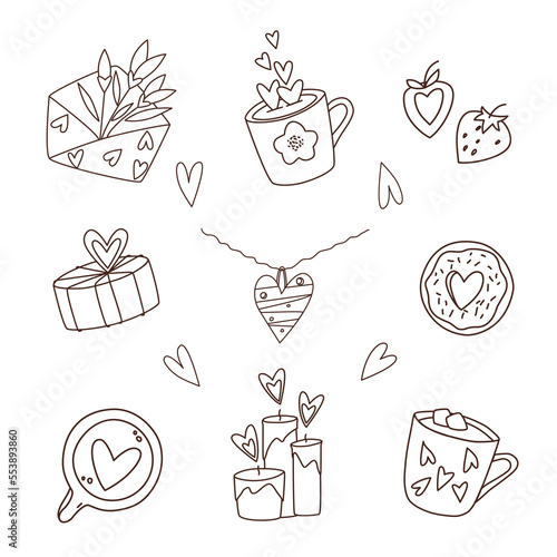 Valentine's day doodle set of vector hand drawn design elements: cappuccino, donut, heart necklace, gift box, candles, opened envelope, flowers, strawberry, hot chocolate with marshmallows. 