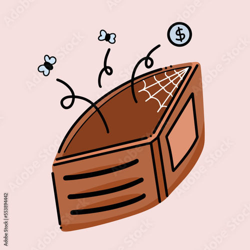 Empty leather chocolate or brown colored wallet with spider web and fly flying out of it. Vector illustration drawing with cartoon comic simple flat art style isolated on plain light brown background.