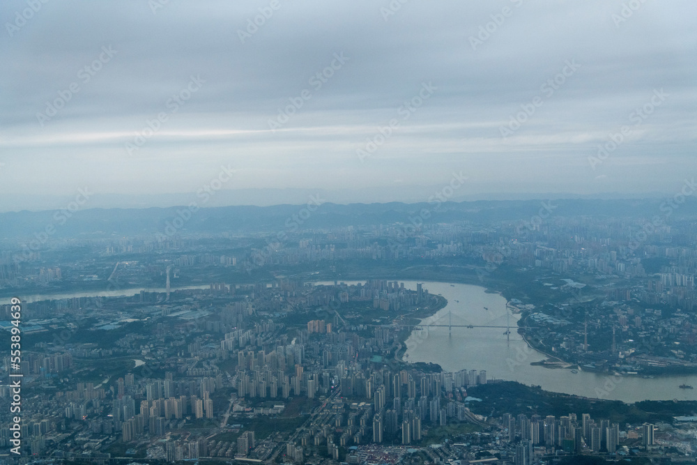 Obraz premium Aerial view of city of Chongqing and Yangtze river in China