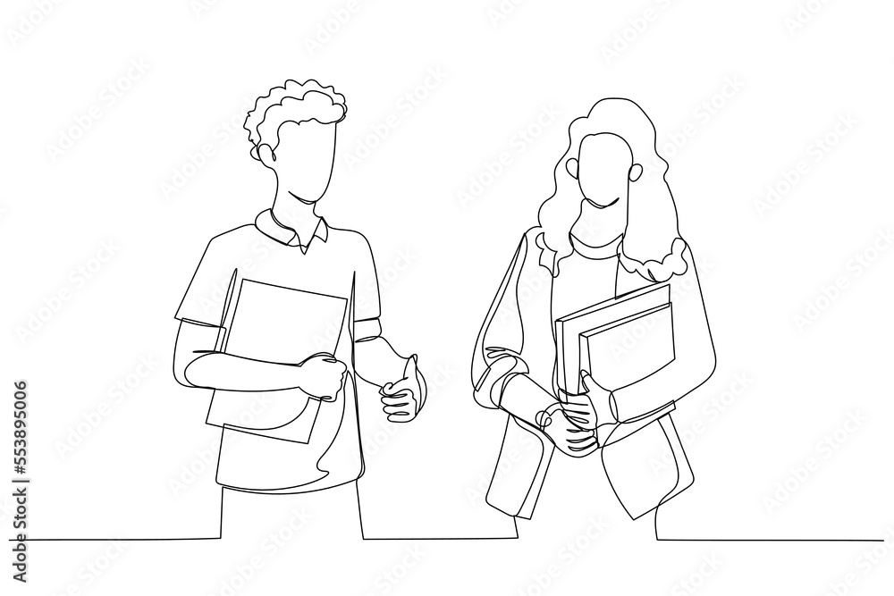 Cartoon of young students discussing something on the way to the class. Single line art style