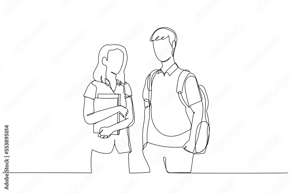 Drawing of two college students stand in from of university. Perfect for book cover. Continuous line art Drawing of two college students stand in from of university. Perfect for book cover. Continuous line art