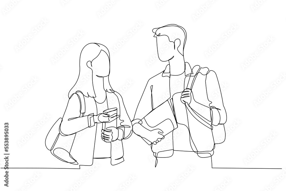 Drawing of student friends wearing casual clothing talking to each other together walking on the street. Single continuous line art