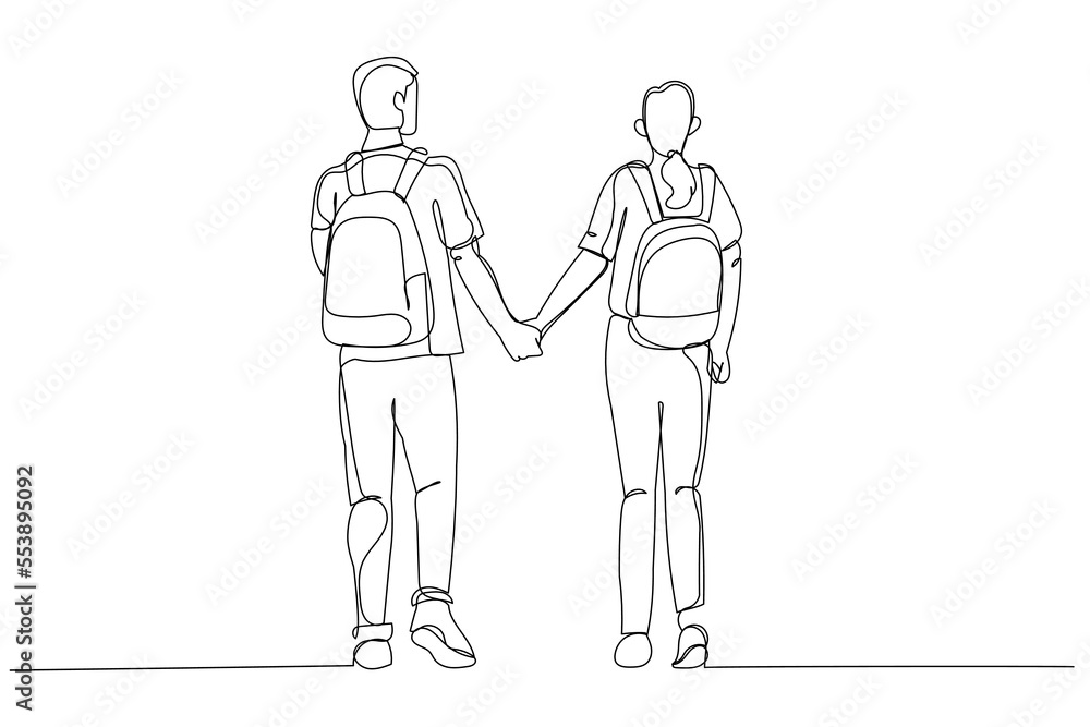 Illustration of couple of students with backpack walking away. Single line art style