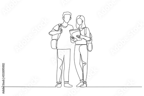 Illustration of two students with tablet and backpack posing together. Single continuous line art style