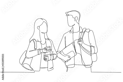 Drawing of student friends wearing casual clothing talking to each other together walking on the street. Single continuous line art