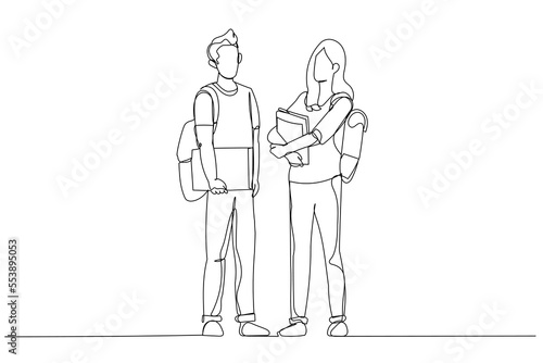 Drawing of two college students standing and posing in front of class. Continuous line art style