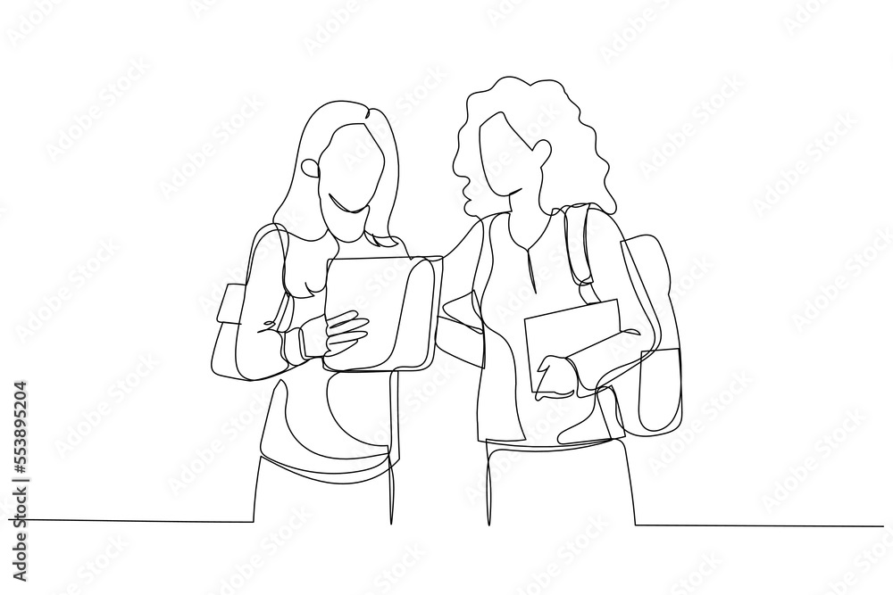 Drawing of interracial college students as friends looking at tablet computer. Continuous line art style