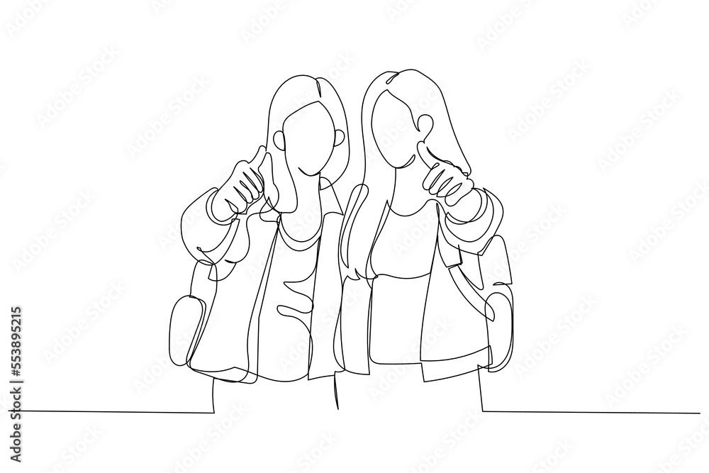 Cartoon of front view portrait of two friends with thumbs up and looking to the camera in university. One continuous line art style Cartoon of front view portrait of two friends with thumbs up and looking to the camera in university. One continuous line art style