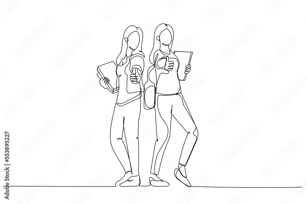 Illustration of young asian students with thumbs up standing and posing. Single line art style Illustration of young asian students with thumbs up standing and posing. Single line art style