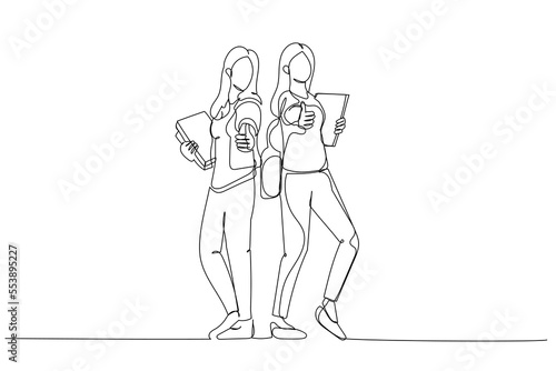 Wallpaper Mural Illustration of young asian students with thumbs up standing and posing. Single line art style Torontodigital.ca