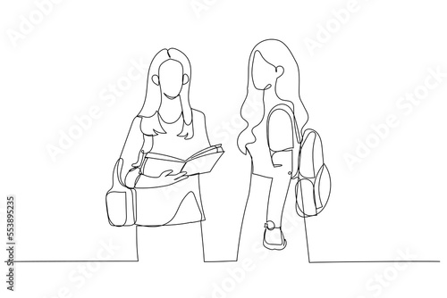 Drawing of two teen real girls in classroom want to study at university. Single continuous line art style