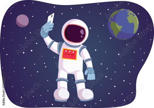 Funny Cartoon Astronaut Taking a Selfie with Earth and Moon. Happy cosmonaut floating in space taking a photo of himself
