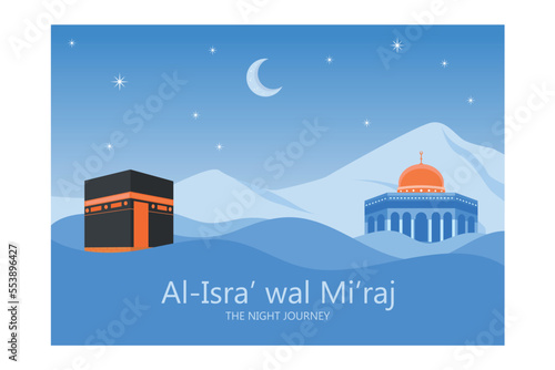 Islamic Background Design Template. Al-Isra wal Mi'raj means The night journey of Prophet Muhammad, flat vector modern illustration photo