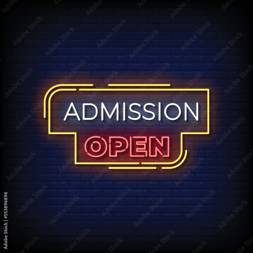 neon sign admission open with brick wall background vector illustration