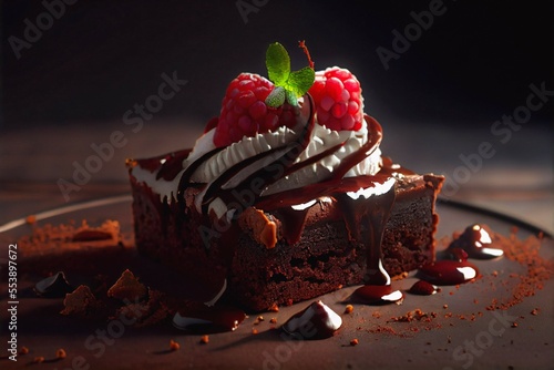 A plate of chocolate brownie cake with whip cream, raspberries, mint leaf chocolate drizzle   generative ai © Cary Peterson
