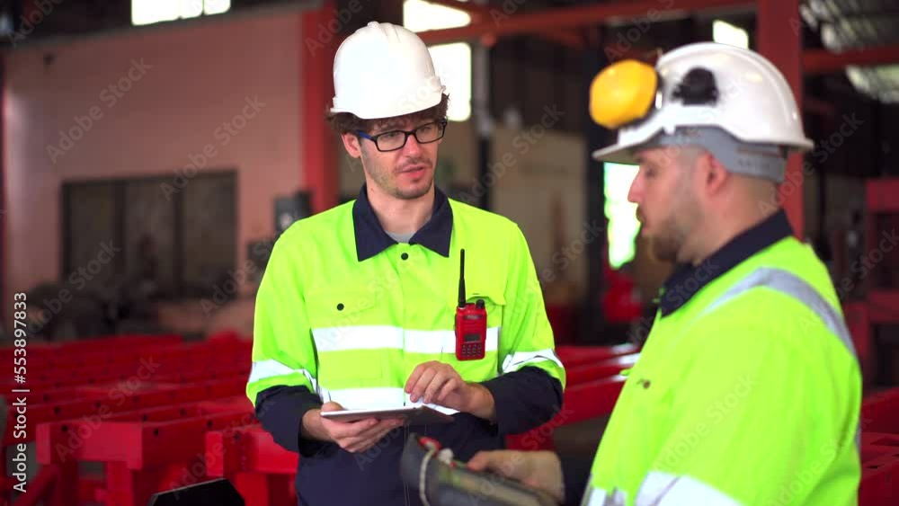 Mechanical engineers discussing about machine and robotic operation. Mechanical engineers discussing about machine and robotic operation.