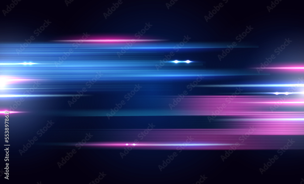 Modern abstract high speed light effect. Technology futuristic dynamic motion. Glow of bright lines of transport vehicle drive on road highway. Vector illustration