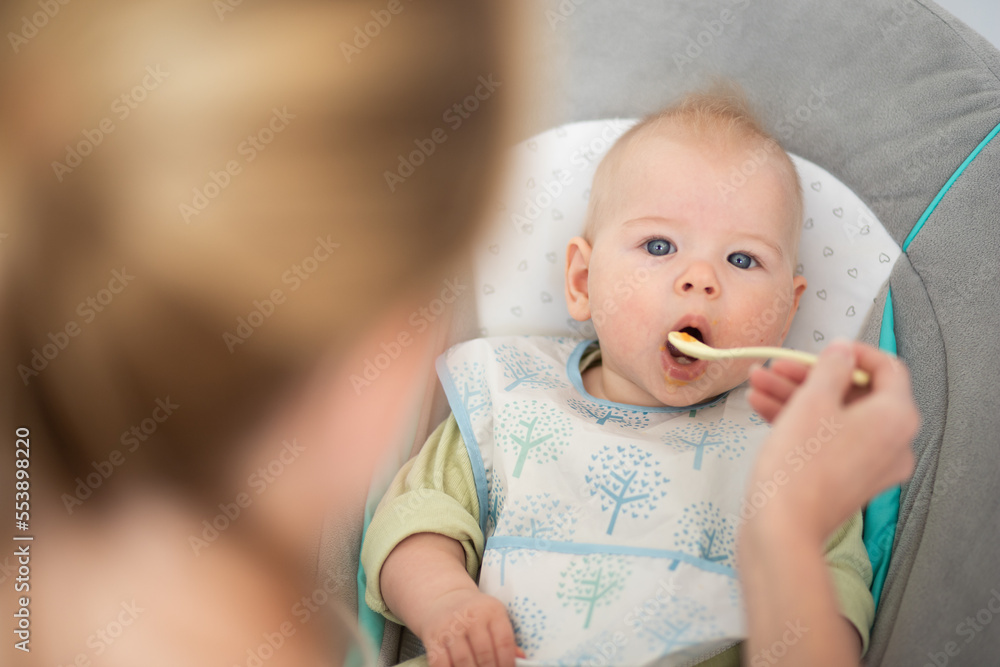 Mother spoon feeding her baby boy child in baby chair with fruit puree. Baby solid food introduction concept Mother spoon feeding her baby boy child in baby chair with fruit puree. Baby solid food introduction concept