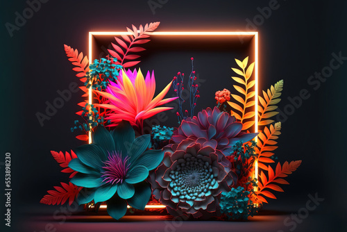 Tropical leaves and large exotic flowers frame. Exotic botanical design for cosmetics, spa, perfume, beauty salon, travel agency, florist shop.	 photo